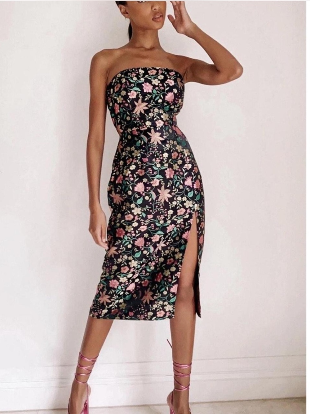 NWT Lulu's Make a Move Black Satin Jacquard Strapless Floral Midi Dress